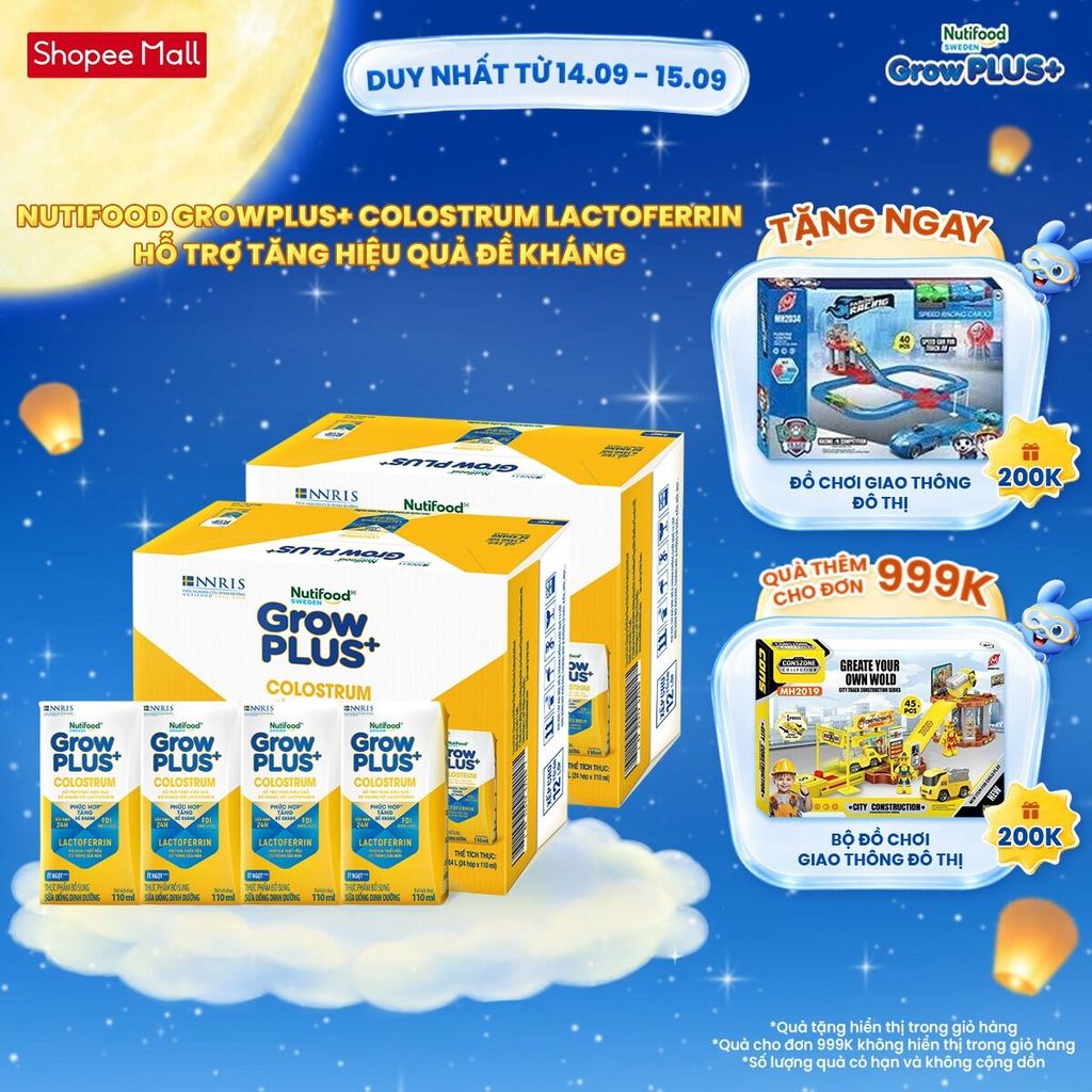 Combo 2 Thùng 24 hộp Sữa bột pha sẵn Nutifood Sweden GrowPLUS+ Colostrum Lactoferrin 110ml