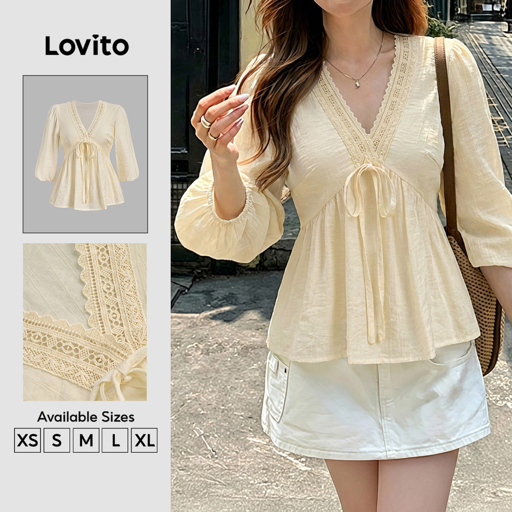 Lovito Áo sơ mi nữ phong cách nghỉ dưỡng mùa Xuân/Hè màu mơ thiết kế buộc dây dáng rộng BLK8TD257