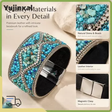 Vòng tay khóa từ tính YUJINYU, Vòng tay đính đá hoa họa tiết hoa, Phong cách dân tộc Màu ngọc lam Handmade Vòng tay nữ Vòng tay nữ Vòng đeo tay nữ nữ
