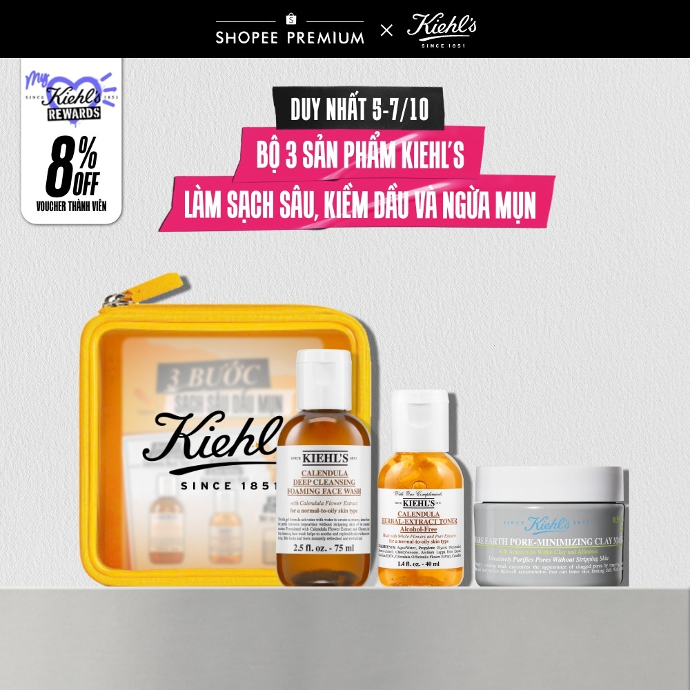 Bộ 3 sản phẩm giúp sạch sâu dầu mụn Kiehl's 3-Step Oil & Acne Control Trial Set