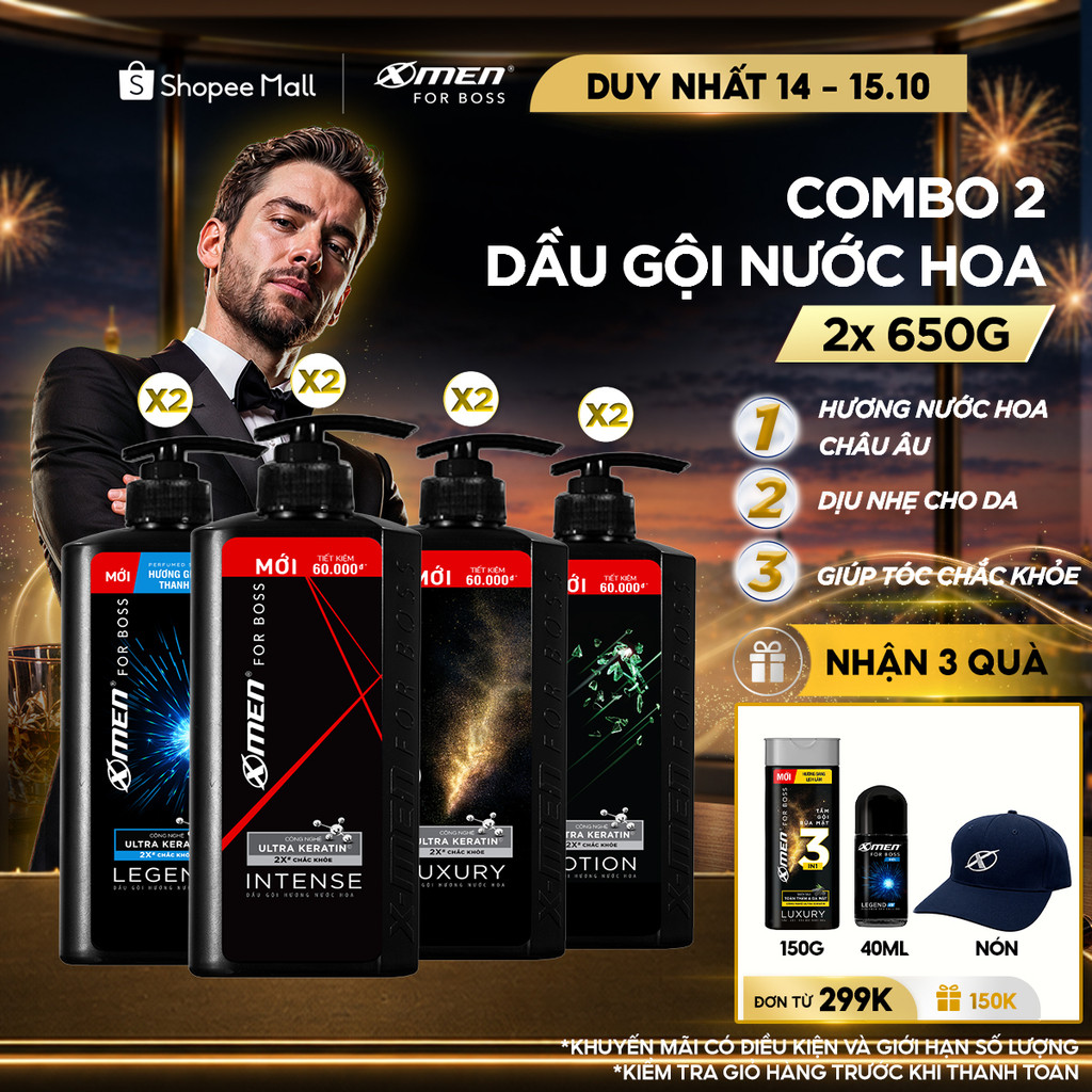 Combo 2 Dầu Gội Nam XMen for Boss 650g/chai Hương Nước Hoa Châu Âu-4 Mùi Hương Sang Trọng