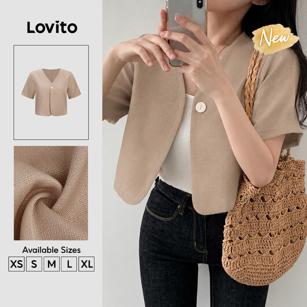 (New Arrival) Lovito Áo Blazer Khaki Tay Ngắn Cổ V Chữ Có Cúc Phong Cách Thường Ngày Mùa Xuân Mùa Hè Cuối Tuần Cho Nữ BZB206TD321