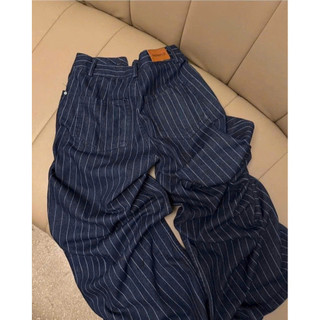 Quần  jeans giấy Kẻ Sọc Ống Rộng Màu Xanh Than Cạp Cao Tôn Dáng Chất Dày Dặn Dễ Phối Đồ