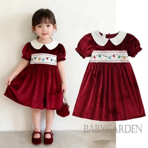 1-7 Tuổi Trẻ Em Bé Gái Giáng Sinh Một Dòng Đầm Dây Đèn Thêu Tay Ngắn Búp Bê Cổ Nhung Đầm