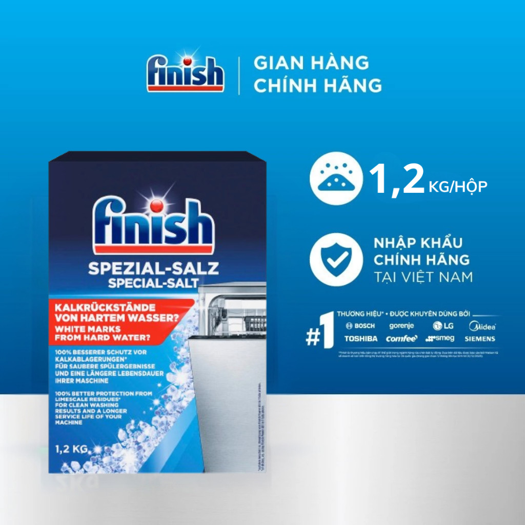 Muối rửa chén Finish - hộp 1,2kg giúp làm mềm và loại bỏ kim loại nặng trong nước - Hàng chính hãng