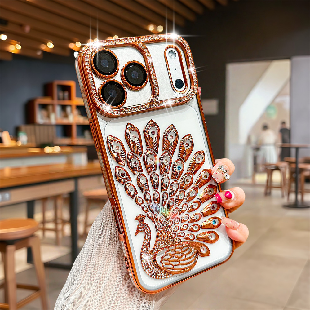 Ốp điện thoại hình con công Flash Diamond 3D cho iPhone 17 Pro Max 16 13 14 15 Pro Max Air 15 16 plus Phim bảo vệ gương chống rơi Vỏ mềm TPU vỏ bảo vệ điện thoại