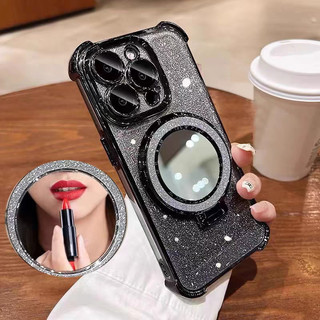 Ốp điện thoại IPhone tương thích lấp lánh gương sang trọng 17 16 15 11 12 13 14 Pro Max Xr X Xs Max Gương Flash bốn góc chống rơi Giá đỡ xoay mạ điện Vỏ điện thoại Vỏ mềm