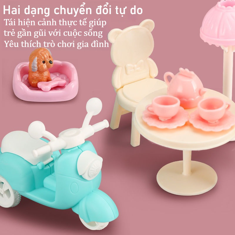 Ngôi Nhà Búp Bê Thiết Kế Dạng Túi Xách Kèm 2 Búp Bê,Tặng Xe Máy + Dải đèn LED,Quà Sinh Nhật Cho Cô Gái