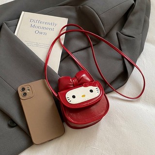 Túi đeo chéo mèo Kitty hình quả táo dễ thương dành cho nữ Ví da Mini nơ bướm