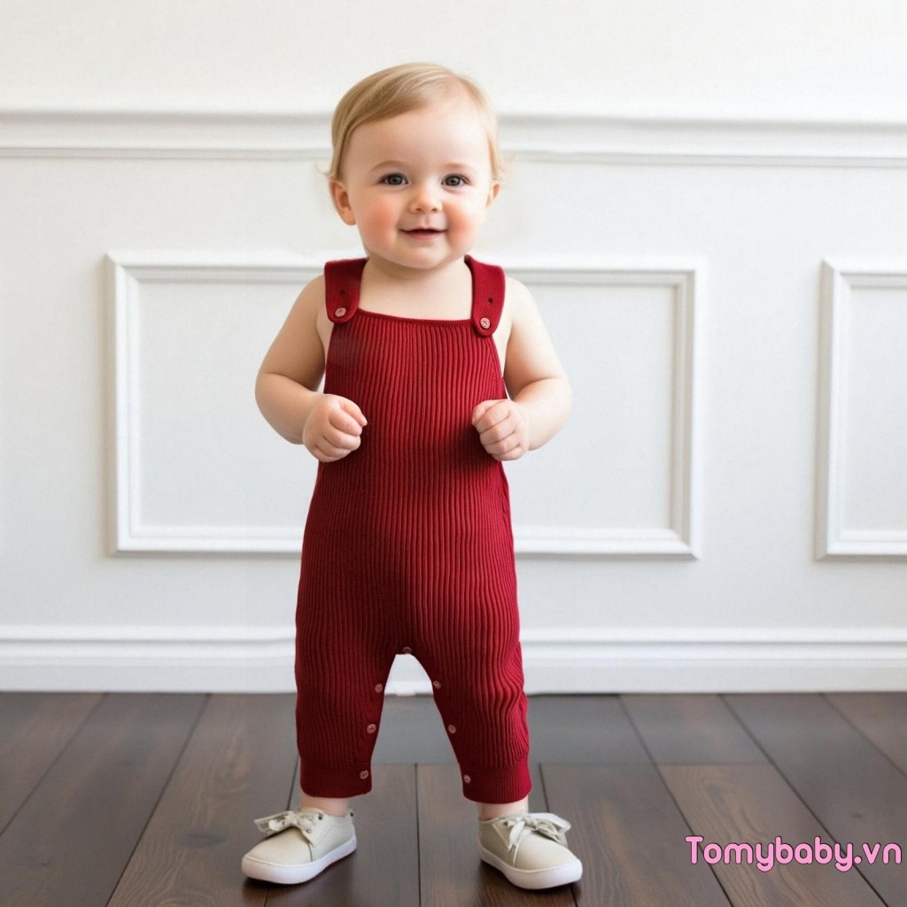 Bộ áo liền quần dệt kim cho bé không tay cổ vuông màu trơn