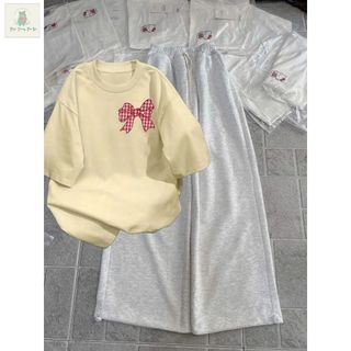 Tổng hợp quần  ống rộng chất da cá xám + mix áo phông form rộng tay lỡ unisex NƠ KẺ CARO ĐỎ-thubaquanao