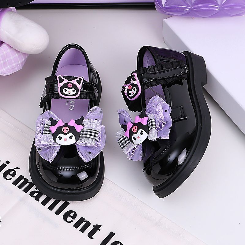 Giày Da Bé Gái Kuromi Xuân Thu Phong Cách Mới Trẻ Em Nơ Giày Công Chúa Bé Gái Đế Mềm Gothic Giày