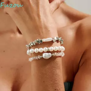 Vòng tay ngọc trai giả FUJIZOU, Bộ vòng tay bạc Baroque, Dây chuyền tay kim loại xếp chồng lên nhau không đều độc đáo dành cho nữ