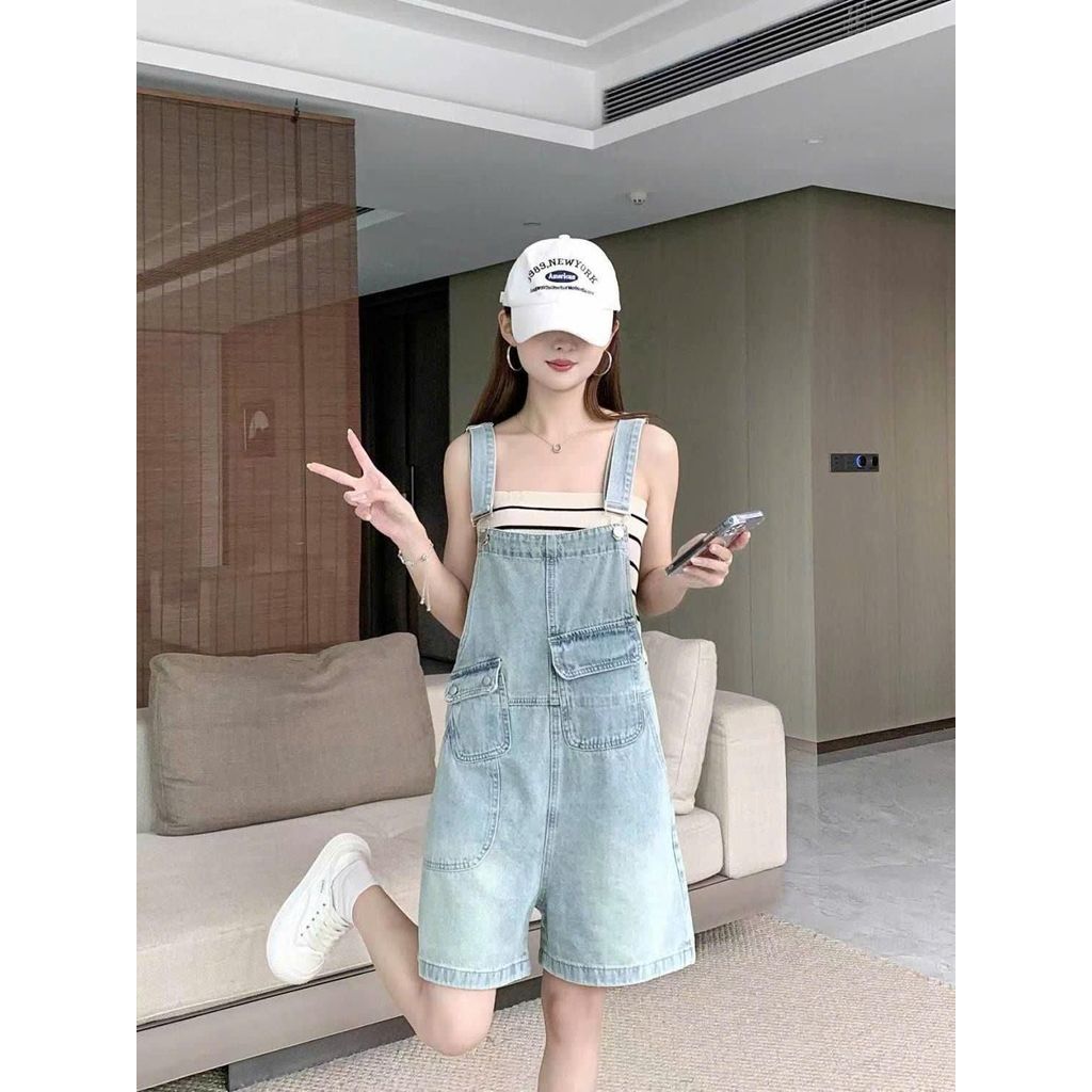 Quần Yếm jean nữ dáng ngắn phong cách hiện đại thời trang Hàn Quốc với túi lớn trước và sau - KoKo Y7