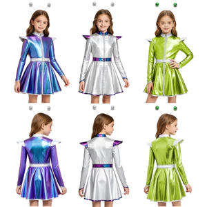 Nyeemya Bé Gái Halloween Người Ngoài Hành Tinh Trang Phục Tay Dài Kéo Lên Váy Chữ A Có Thắt Lưng Và Tóc Vòng Sáng Bóng Kim Loại Bên Ngoài Không Gian Trang Phục Người Ngoài Hành Tinh Robot Trang Phục
