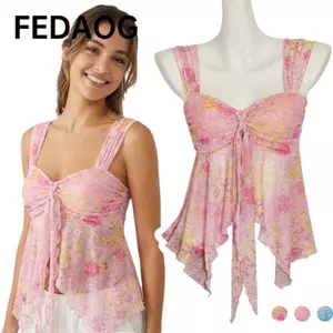 FEDAOG Halter Cami Top, Áo lưới Sheer Overlay in hình, viền bất đối xứng cổ chữ V ngọt ngào Bodycon Fit đeo vai thường ngày