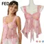 FEDAOG Halter Cami Top, Áo lưới Sheer Overlay in hình, viền bất đối xứng cổ chữ V ngọt ngào Bodycon Fit đeo vai thường ngày
