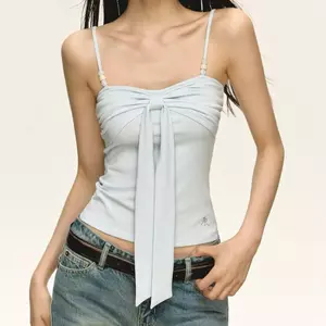 American Retro Hot Girl Dopamine Blue Camisole Summer Slim-fit Slimmer Look Đính cườm Small Top