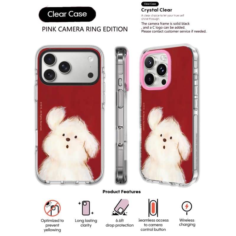 Nền Đỏ Chó Trong Suốt Màu Đen HỒNG CAMERA RING PHIÊN BẢN Tác Động Hút Từ Tính Trong Suốt Dành Cho IPhone 17 / 16 / 15 / 14 / 13 Pro Max Air Với Bao Bì Cao Cấp