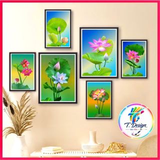 Sét 6 tranh decor góc thiền, tu tập, chữa lành, hoa sen phật, tranh dán tường, có sẵn keo