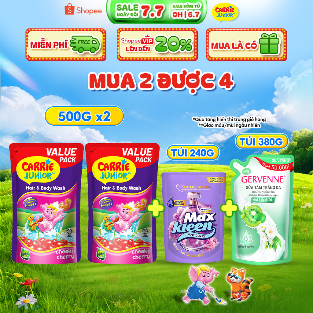 [MUA 2 ĐƯỢC 4] Combo 2 Túi Sữa Tắm Gội thiên nhiên Sạch Dịu Nhẹ & ẩm mịn Cho Bé Carrie Junior Cheeky Cherry (500g x 2)