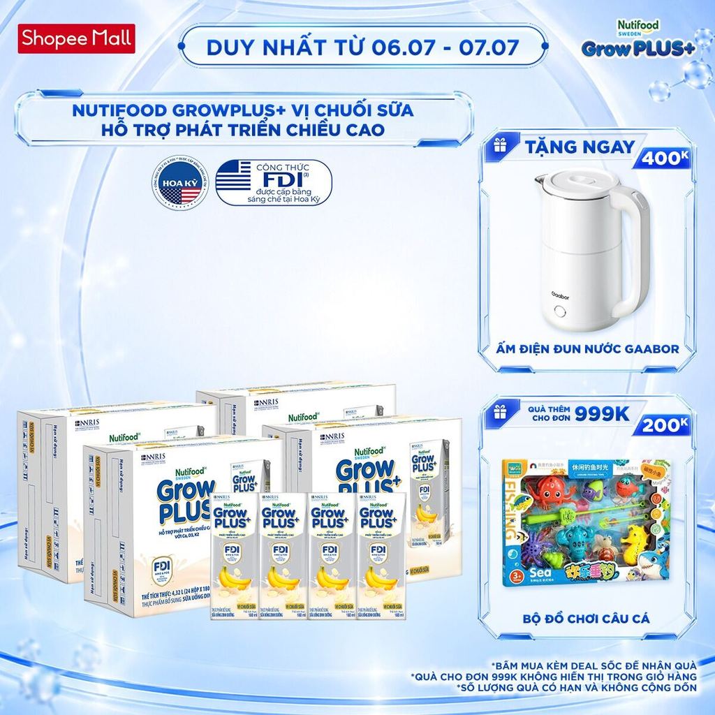 Combo 4 Thùng 24 hộp Sữa bột pha sẵn Nutifood GrowPLUS+ Vị Chuối Sữa hộp 180ml - Trên 1 tuổi