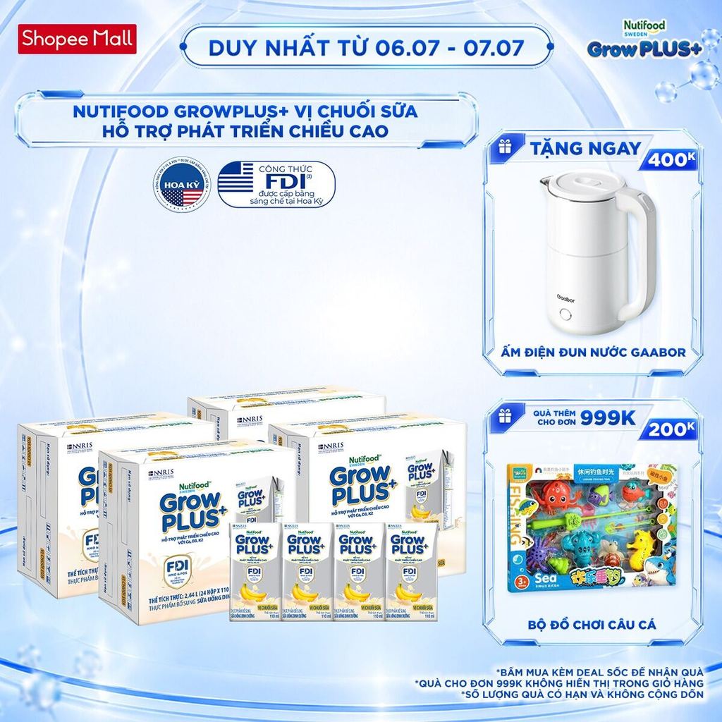 Combo 4 Thùng 24 hộp Sữa bột pha sẵn Nutifood GrowPLUS+ Vị Chuối Sữa hộp 110ml - Trên 1 tuổi