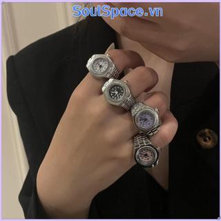 Nhẫn đồng hồ đeo tay SOULSPACE, Đồng hồ đeo tay co giãn bằng hợp kim Nhẫn đôi, Nhẫn đồng hồ thạch anh La Mã Mini sáng tạo