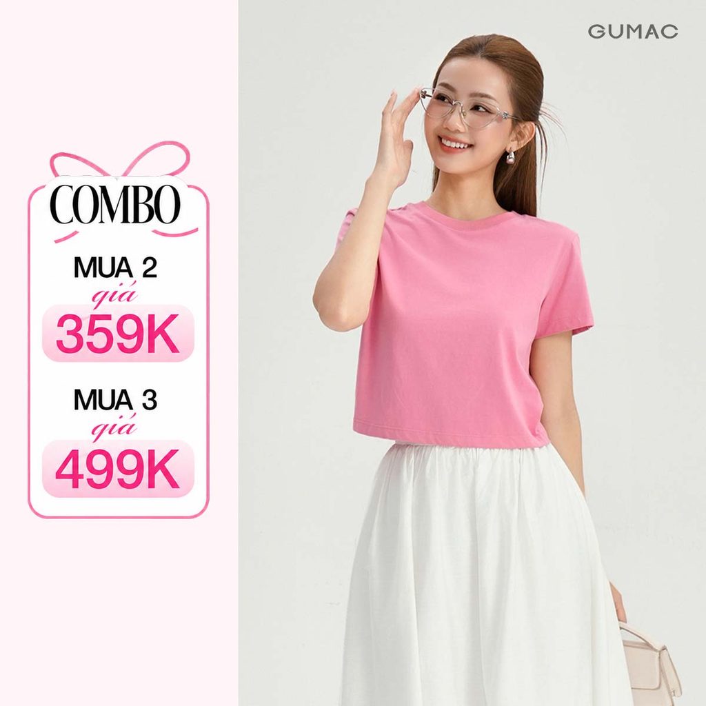 Áo Thun Trơn Nữ GUMAC Form Lửng Cơ Bản Chất Cotton Co Giãn Thoáng Mát LATE1113 - LATG06097