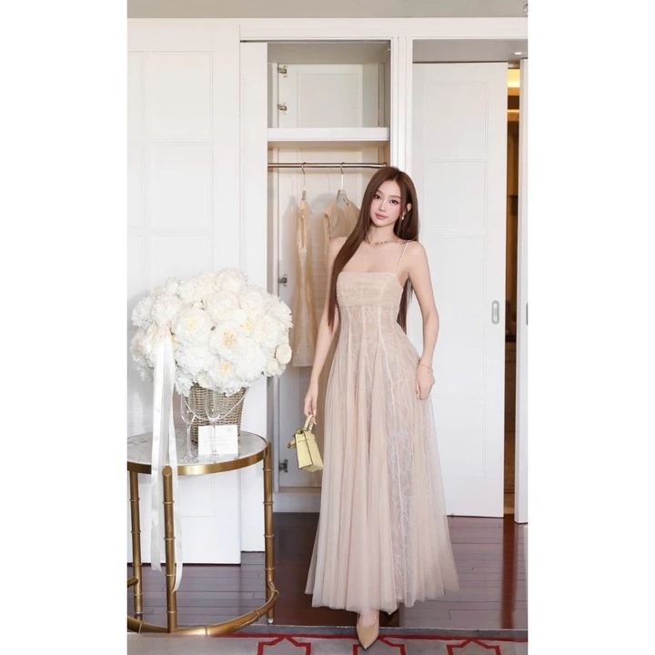 Đầm thiết kế hai dây dáng dài phối lưới xòe bồng, váy prom đi tiệc đi cưới cao cấp D1699