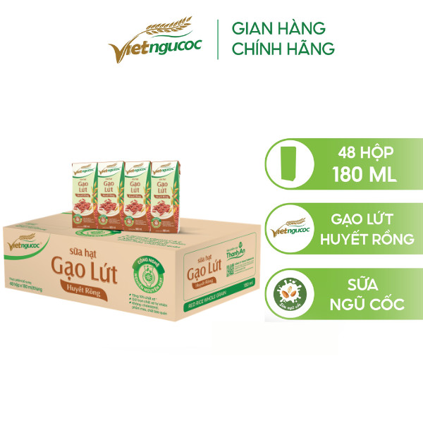 Thùng 48 Hộp Sữa Gạo Lức Huyết Rồng VIỆT NGŨ CỐC Uống Liền Bổ Sung Chất Xơ Vitamin Thanh Lọc Cơ Thể 180ml/ Hộp