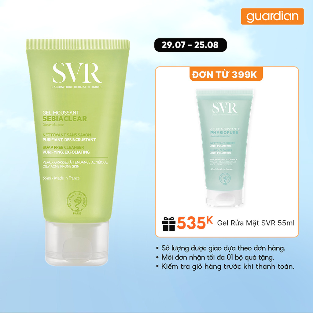 Gel Rửa Mặt Giúp Làm Sạch Và Thông Thoáng Lỗ Chân Lông Dành Cho Da Dầu Mụn SVR Sebiaclear Gel Moussant 55ml