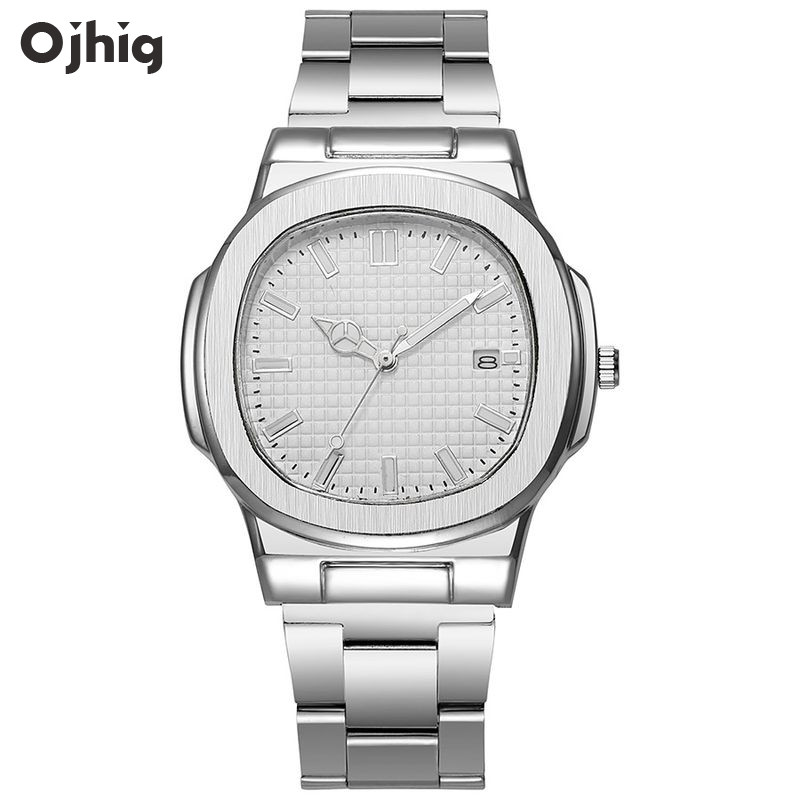 OJHIG 2026 Lịch vuông mới Đồng hồ nam thạch anh bằng thép không gỉ Phong cách kinh doanh thời trang