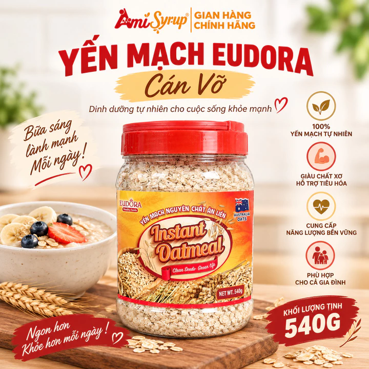Yến Mạch Cán Mỏng Eudora Hộp 540g, Yến Mạch Instant Oatmeal 100% Yến Mạch Nguyên Chất