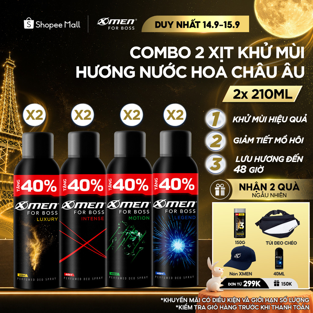 [Tặng thêm 40% dung tích] Combo 2 Xịt khử mùi X-Men For Boss 210ml/chai Khô Thoáng Lưu Hương 48H