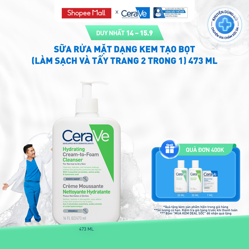 Sữa rửa mặt dạng kem tạo bọt (làm sạch và tẩy trang 2 trong 1) Hydrating Cream-to-Foam Cleanser 473ml