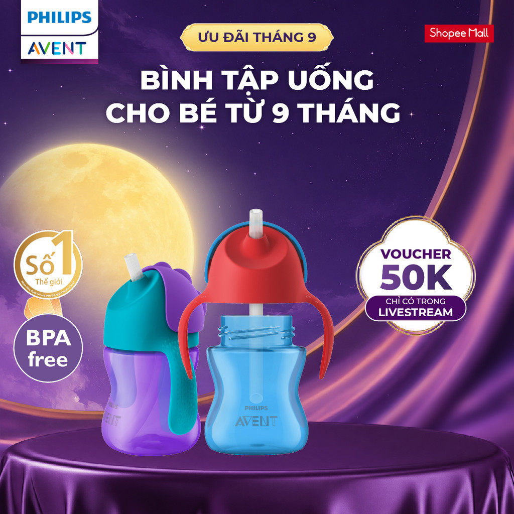 [GIAO MÀU NGẪU NHIÊN] Bình Tập Uống Cho Bé Từ 9 Tháng 200ml Philips Avent Có Ống Hút Silicon Mềm An Toàn