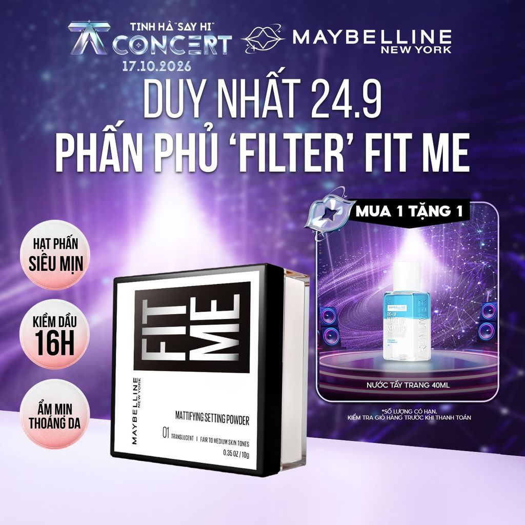 Phấn phủ bột "filter" cà da, kiềm dầu, chống nước, lâu trôi 16H Fit Me Mattifying Setting Powder Maybelline New York 10g