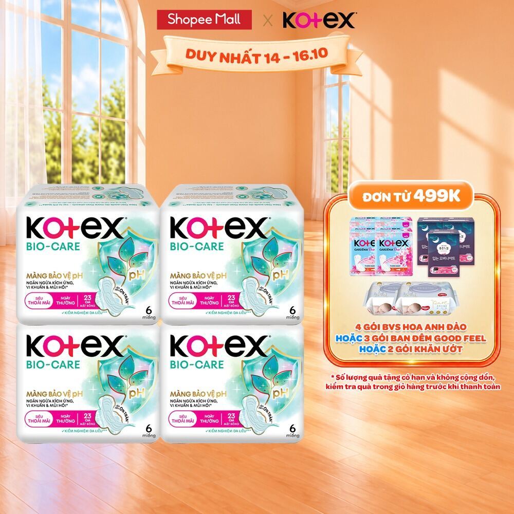 Combo 4/Combo 8 gói Băng vệ sinh Kotex Biocare Ban Ngày siêu mỏng cánh 23CM - 6 miếng/gói