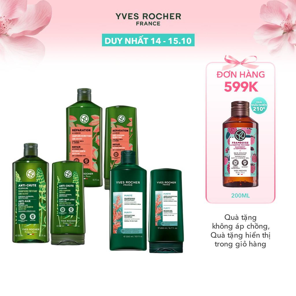 Bộ gội xả thiên nhiên không Sulfate không Silicon Yves Rocher 300mlx200ml (nhiều phân loại)