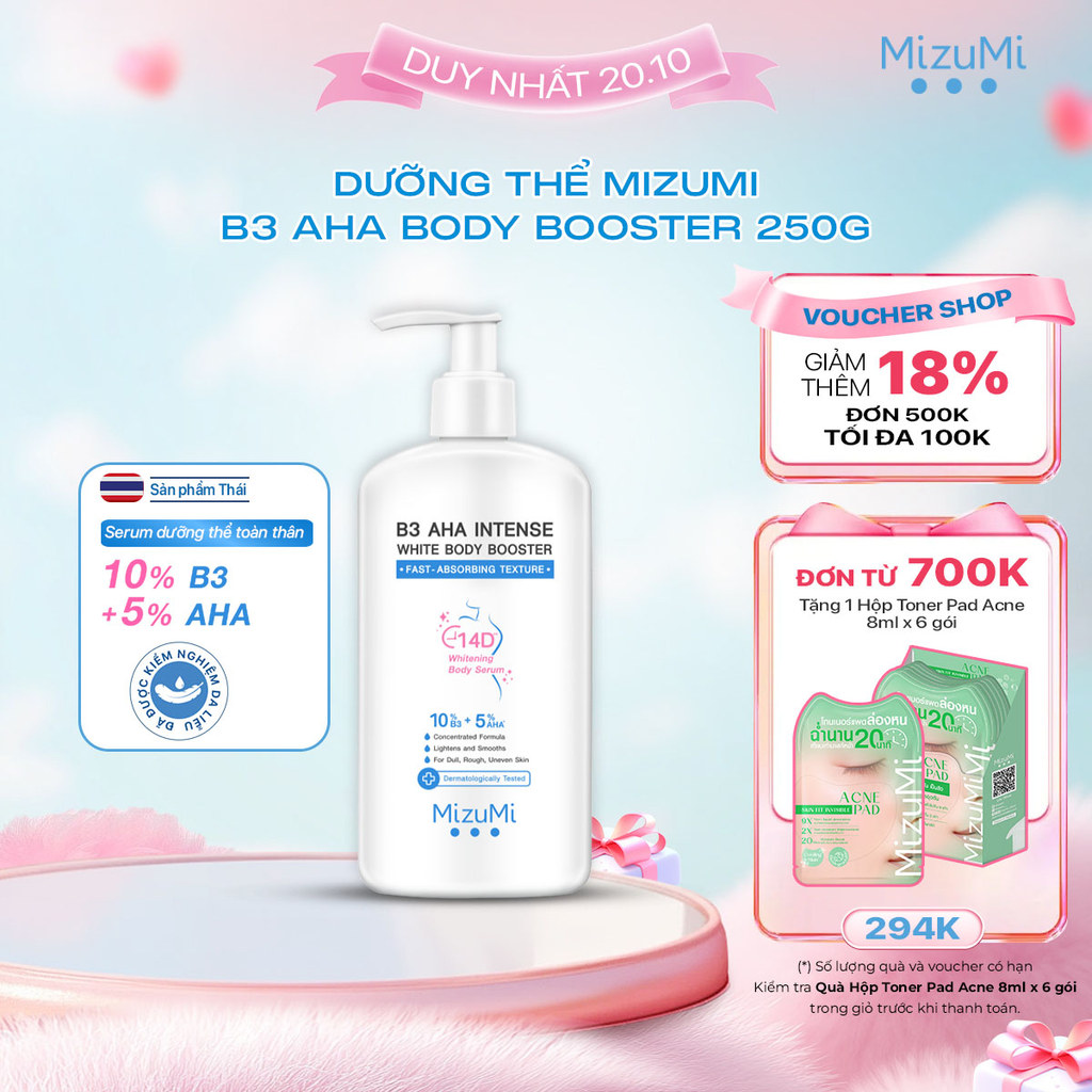 MizuMi Dưỡng Thể Sáng Da B3 AHA Intense White Body Booster 250g Mịn Màng , Niacinamide, AHA, Ceramide