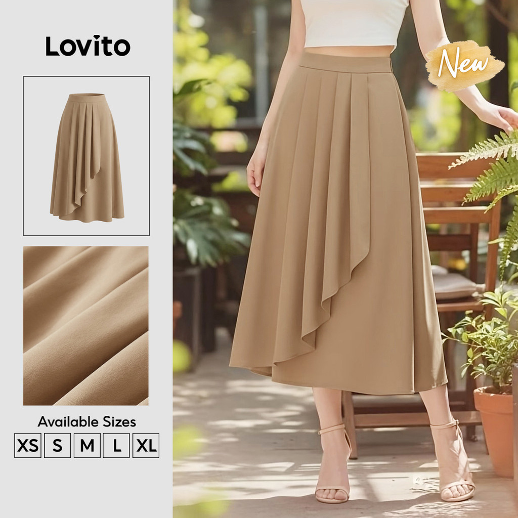 (New Arrival) Lovito Chân váy Kaki nữ Thanh lịch rủ xếp Ly bất đối xứng mặc đi làm mùa xuân hè SKK10P1D581