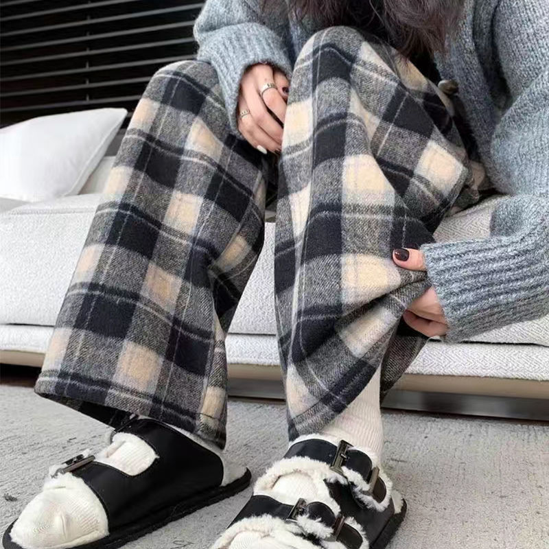 Quần ống rộng nữ thu đông lót lông cừu màu cà phê, phong cách cao cấp