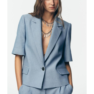 áo khoác Zara made in Morocco blazer lửng xanh lam nhạt ngắn tay cổ ve 1 khuy và quần âu cùng bộ