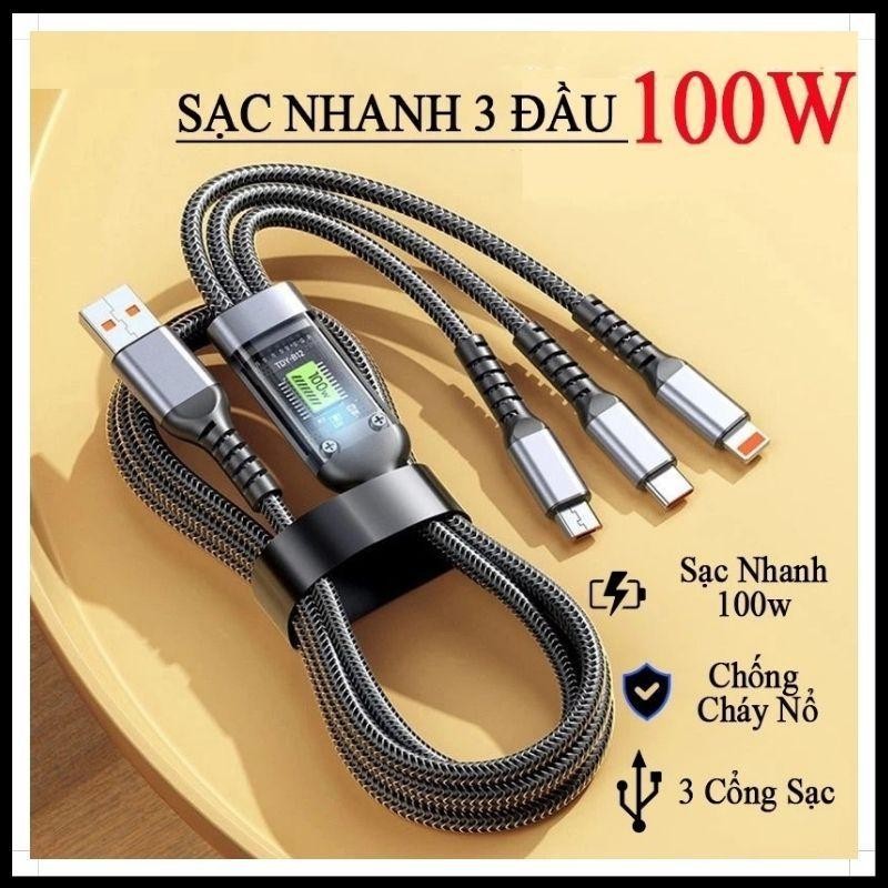 Dây Sạc Tự Ngắt - Dây Cáp Sạc Dữ Liệu Sạc Nhanh 100W Micro USB Type C 3 Trong 1 6A Dây Đen 3 Đâu