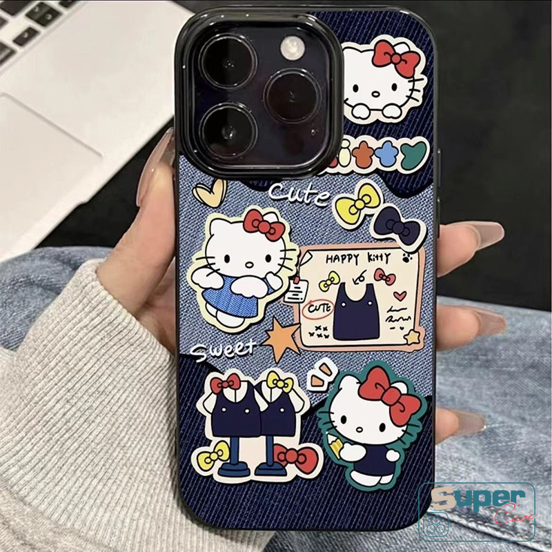 Ốp Lưng Tương Thích Cho IPhone 13 11 16 17 15 14 12 Pro Max Air 12 16 15 14 17 13 Pro 8 16 15 14 6 6s 7 Plus XR X XS Max SE 2020 Thời Trang Denim Dễ Thương Hello Kitty Bìa mềm Bowknot Star