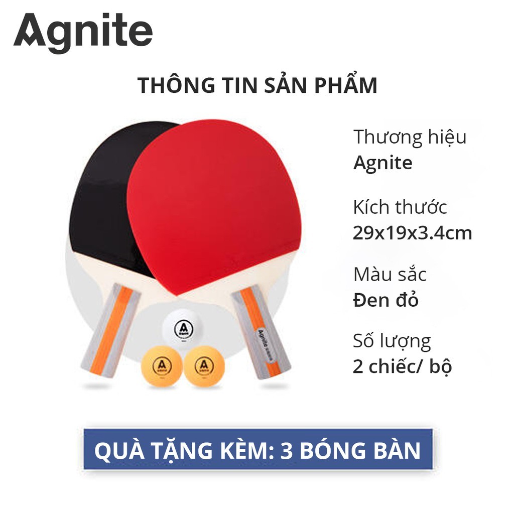 Bộ 2 Vợt Bóng Bàn Agnite Bằng Gỗ Chính Hãng Siêu Nhẹ Mặt Mút Đàn Hồi Tiêu Chuẩn Thi Đấu