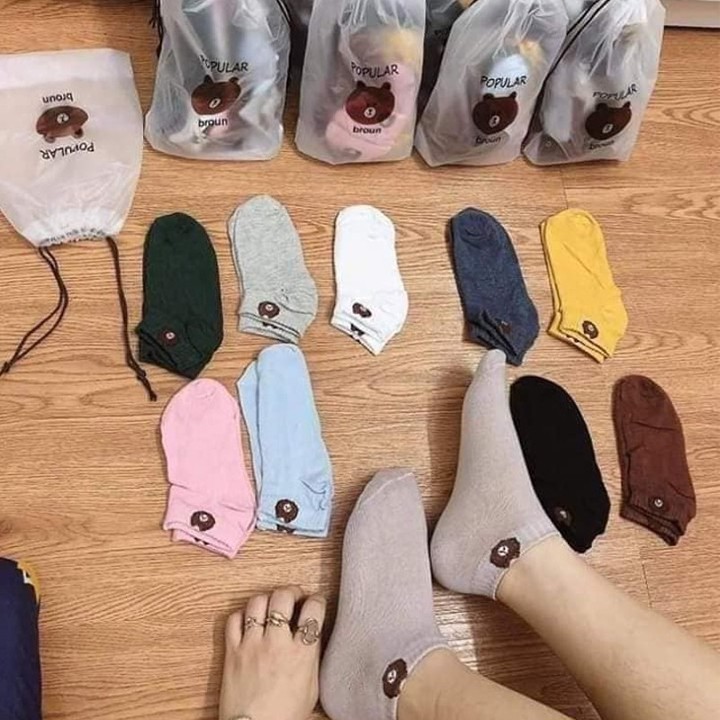 Combo 10 Đôi Tất Nữ Cổ Ngắn Hình Gấu Kute Chất Cotton Mềm Mịn Co Giãn 4 Chiều Tặng Kèm Túi Rút Xinh