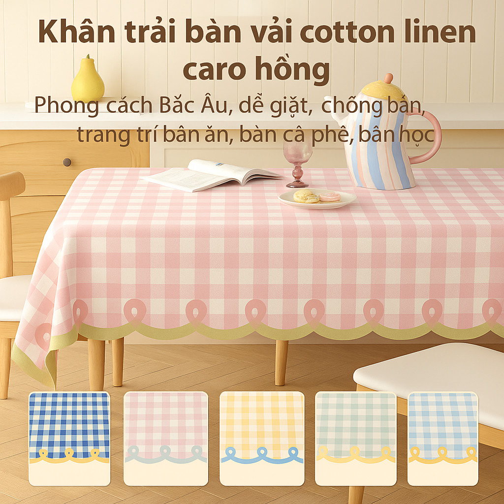Khăn trải bàn cotton linen caro hồng | Phong cách Bắc Âu, dễ giặt, chống bẩn, trang trí bàn ăn/cà phê/học, decor nhà bếp