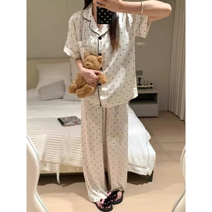 Phụ Nữ Chấm Bi In Hình Ngắn Tay Quần Dài Loungewear Set Mềm Mại Thân Thiện Với Da Trang Phục Cho Gia Đình Ngày Nghỉ Đêm Mặc